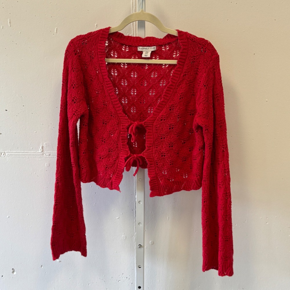 Sincerely Jules Red Pointelle Knit Tie Front Cropped Cardigan Sweater Medium